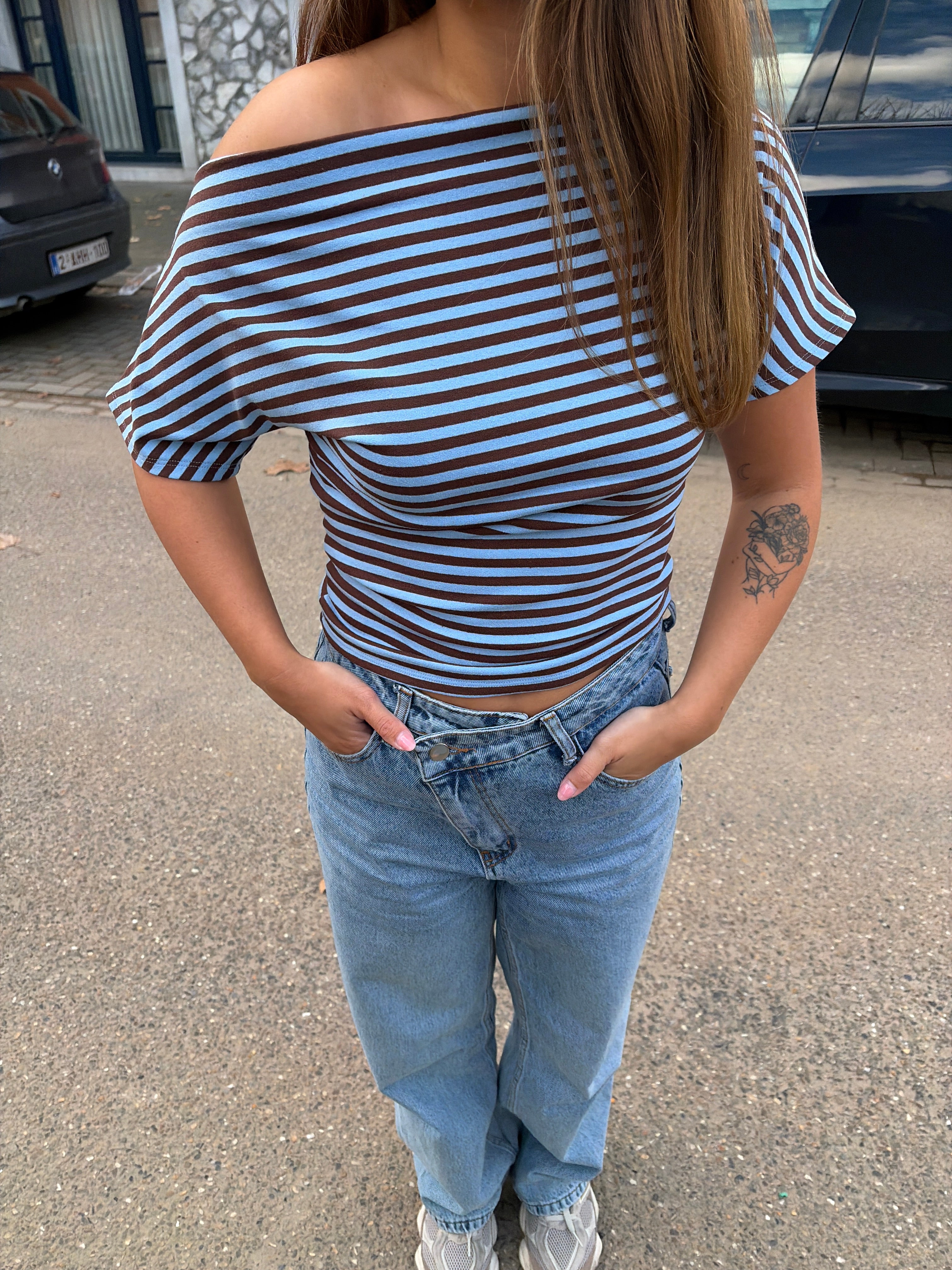 Striped off shoulder shirts