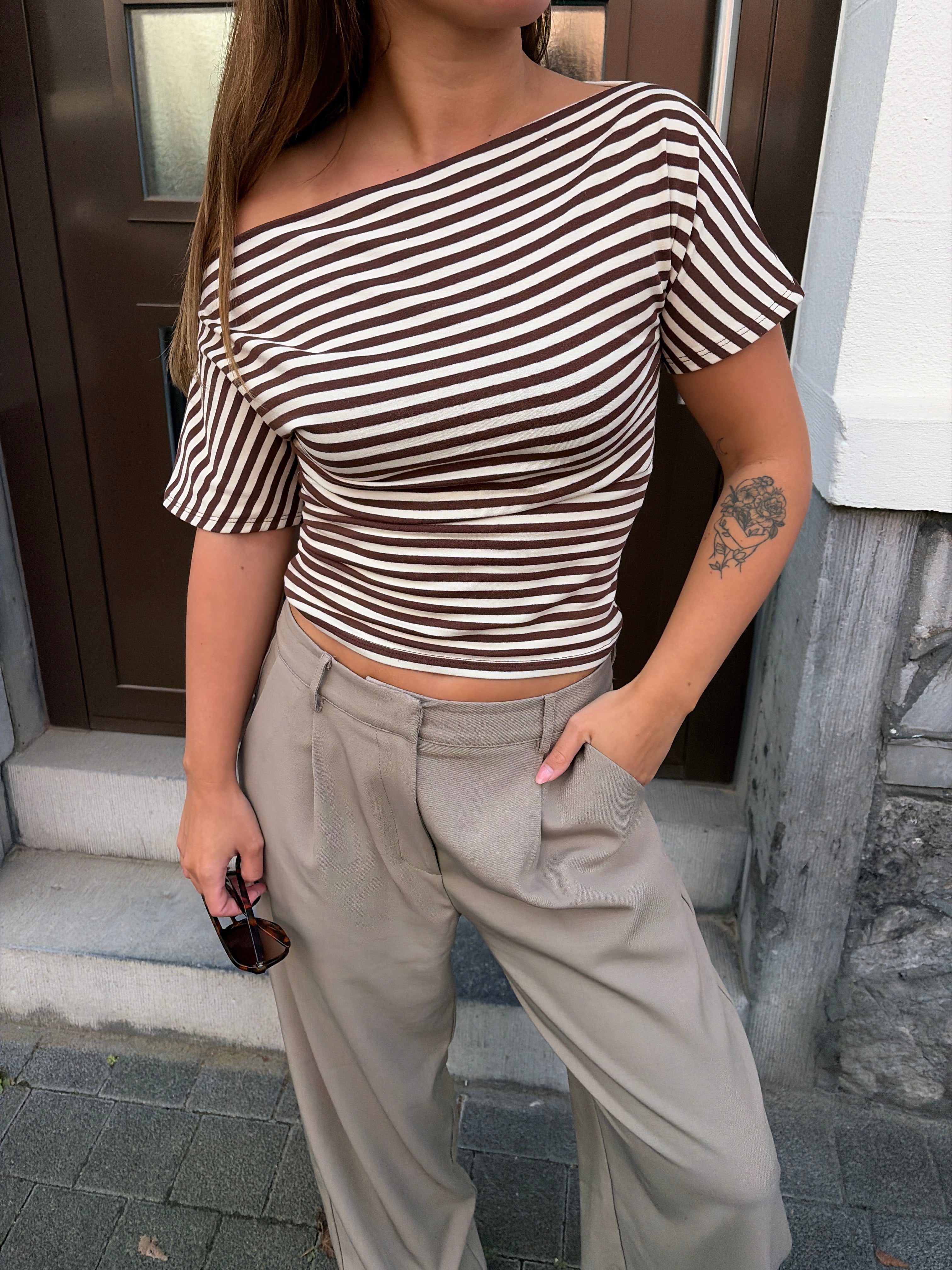 Striped off shoulder shirts