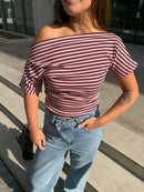 Striped off shoulder shirts